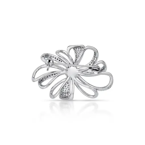 BROCHE DE FLOR COM PÉROLA SHELL CURVO VAZADO BANHADO A RÓDIO