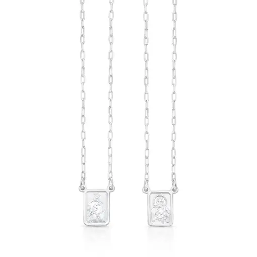 ESCAPULÁRIO COM PINGENTES RELIGIOSOS RETANGULARES EM PRATA LISA