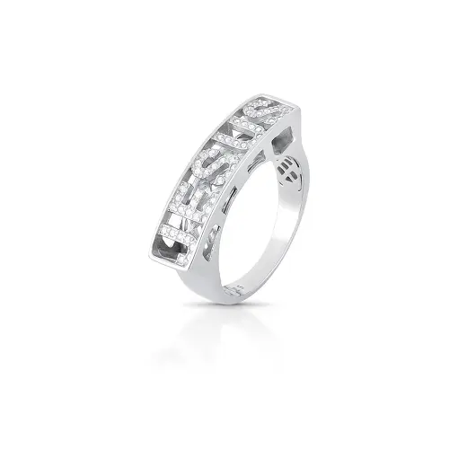 ANEL VAZADO COM ESCRITA JESUS E ZIRCÔNIAS PRATA RODINADA