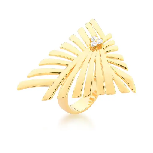 ANEL DE FOLHA LISO E CRISTAIS BANHADO A OURO