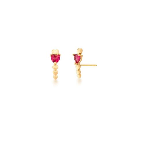 BRINCO EAR HOOK COM CORAÇÕES LISOS E CRISTAL RUBI BANHADO A OURO