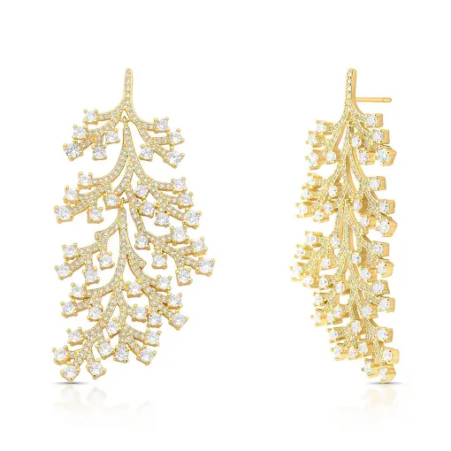 BRINCO PÊNDULO DE FOLHA COM CRISTAIS E ZIRCÔNIA