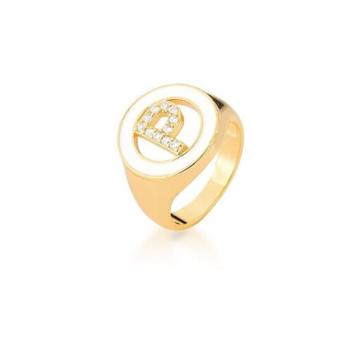 ANEL LETRA "P" ESMALTADO BRANCO E CRAVEJADO BANHADO A OURO