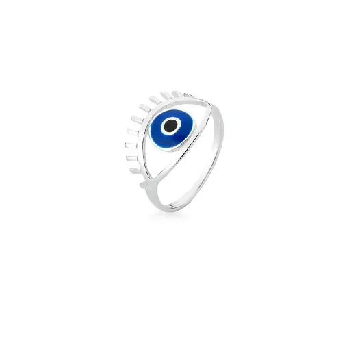 ANEL DE OLHO VAZADO E ESMALTADO AZUL PRATA LISA