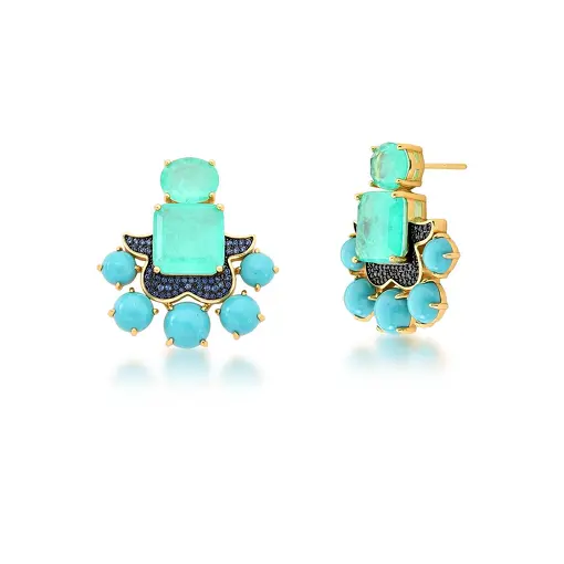 BRINCO COM CRISTAIS TURMALINA E CABOCHÃO BANHADO A OURO