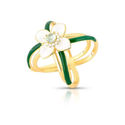 ANEL DE FLOR ESMALTADO COM CRISTAL E ZIRCÔNIA BANHADO A OURO