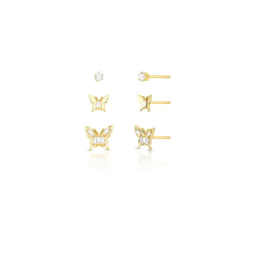 TRIO DE BRINCOS COM BORBOLETAS E CRISTAL REDONDO