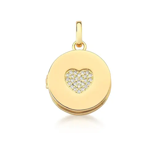 PINGENTE RELICÁRIO REDONDO COM CORAÇÃO BRANCO BANHADO A OURO