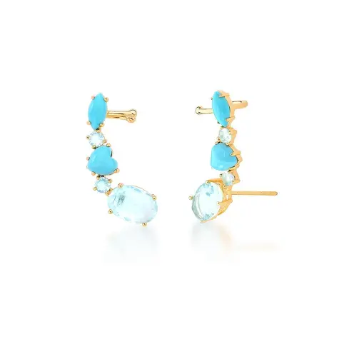 BRINCO EAR CUFF COM CABOCHÕES NA COR TURQUESA BANHADO A OURO