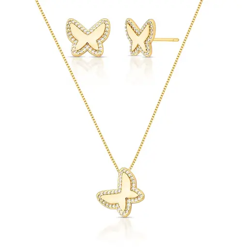 CONJUNTO BRINCO E COLAR DE BORBOLETA COM ZIRCÔNIAS