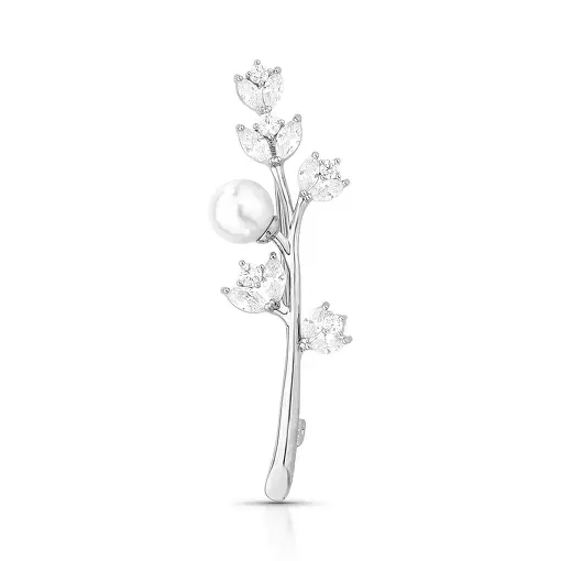 BROCHE DE FLOR COM CRISTAL E PÉROLA SHELL BANHADO A RÓDIO
