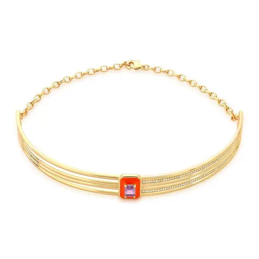 CHOKER EM ARO ESMALTADO LARANJA E CRISTAL BANHADA A OURO
