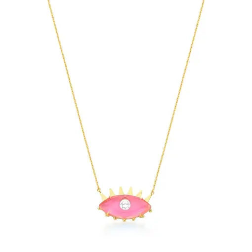 CORRENTE COM PINGENTE DE OLHO EM ACRÍLICO ROSA BANHADA A OURO