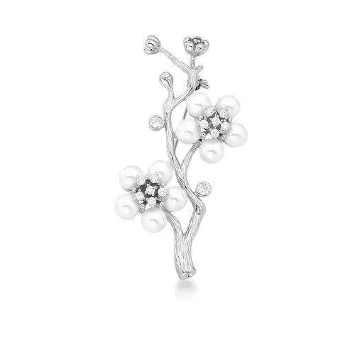 BROCHE DE FLOR E PÉROLA SHELL BANHADO A RÓDIO