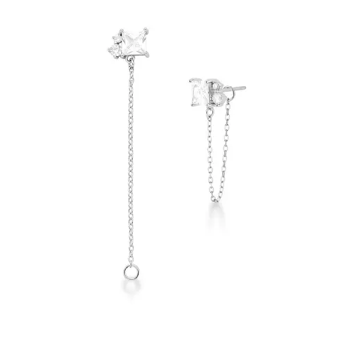 BRINCO EAR JACKET CRISTAL QUADRADO BRANCO PRATA RODINADA