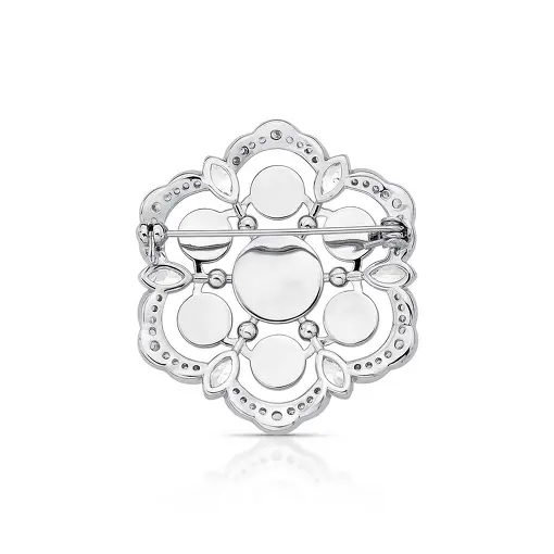 BROCHE DE FLOR COM CRISTAL NAVETE E PÉROLA SHELL BANHADO A RÓDIO