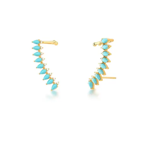 BRINCO EAR CUFF E CRISTAIS DE GOTA CABOCHÃO AZUL BANHADO A OURO