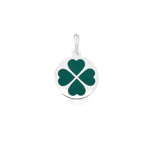 PINGENTE REDONDO COM IMAGEM DE TREVO ESMALTADO VERDE PRATA LISA