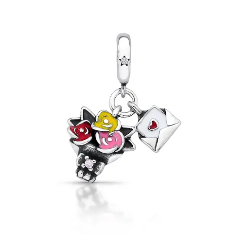 BERLOQUE DE BOQUÊ DE FLORES ESMALTADO PRATA ENVELHECIDA