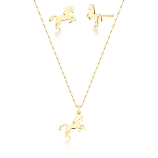CONJUNTO DE BRINCO E COLAR DE CAVALO LISO BANHADO A OURO