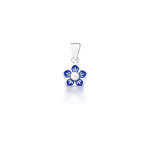 PINGENTE KIDS DE FLOR ESMALTADO AZUL E PÉROLA SHELL PRATA LISA