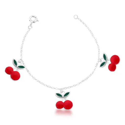 PULSEIRA KIDS COM PINGENTE DE CEREJA ESMALTADO PRATA LISA