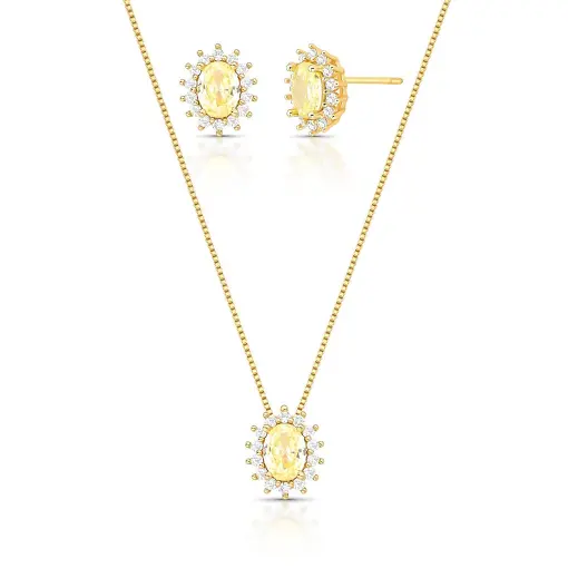 CONJUNTO BRINCO E COLAR COM CRISTAL OVAL E ZIRCÔNIAS