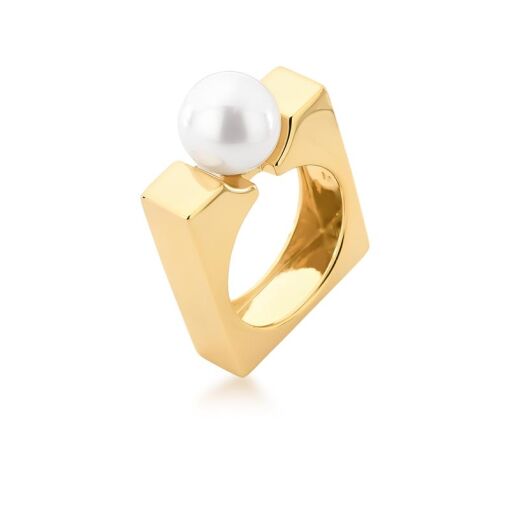 ANEL QUADRADO COM PÉROLA SHELL BANHADO A OURO