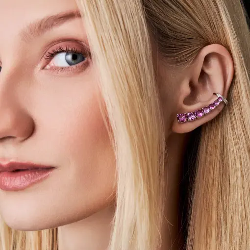 BRINCO EAR CUFF CURVO COM CRISTAIS E ZIRCÔNIAS PRATA RODINADA