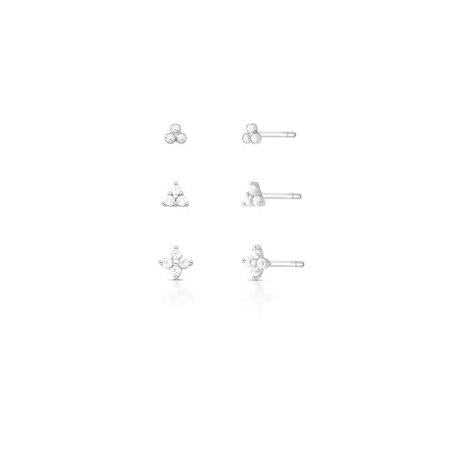 TRIO DE BRINCOS DE FLOR E TRIANGULARES PRATA RODINADA