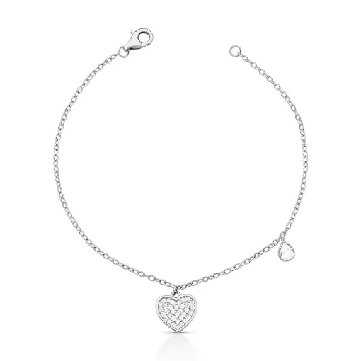 PULSEIRA COM PINGENTES DE CORAÇÃO E GOTA PRATA RODINADA