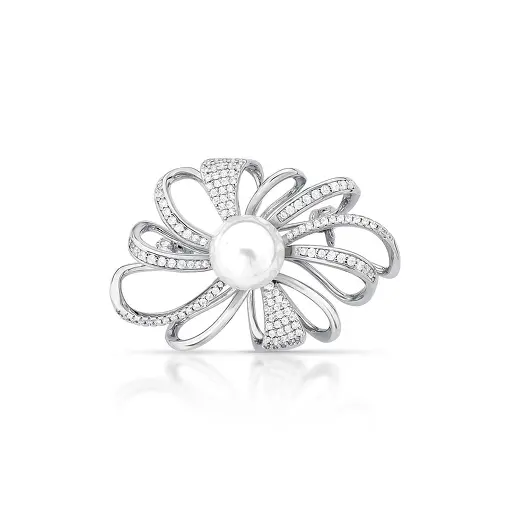BROCHE DE FLOR COM PÉROLA SHELL CURVO VAZADO BANHADO A RÓDIO