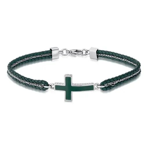 PULSEIRA COM CRUZ ESMALTADA EM COURINO AÇO