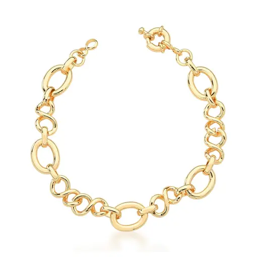 PULSEIRA COM ELOS TRANÇADOS E OVAIS LISOS BANHADA A OURO