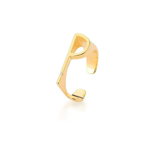 ANEL REGULÁVEL LETRA "P" LISO COM ZIRCÔNIA BRANCA BANHADO A OURO