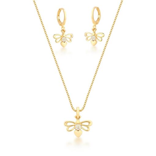 CONJUNTO ARGOLA E COLAR DE BORBOLETA CRAVEJADA  BANHADO A OURO