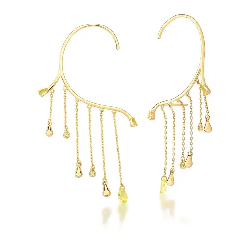 BRINCO EAR CUFF COM ZIRCÔNIAS EM GOTA PRASIOLITA BANHADO A OURO