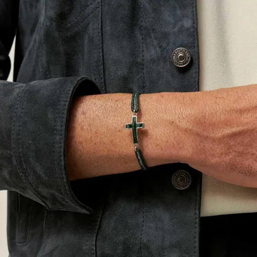 PULSEIRA COM CRUZ ESMALTADA EM COURINO AÇO