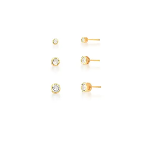 KIT TRÊS PARES DE BRINCOS PONTOS DE LUZ BANHADO A OURO
