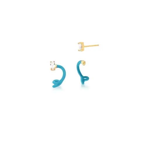 BRINCO EAR JACKET ESMALTADO AZUL CLARO E CRISTAL BANHADO A OURO