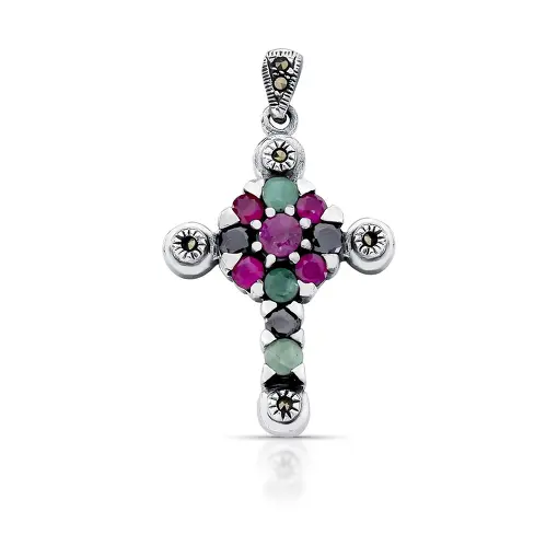 PINGENTE DE CRUZ COM CRISTAL E ZIRCÔNIA EM PRATA ENVELHECIDA