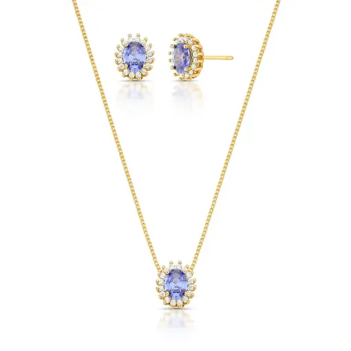 CONJUNTO BRINCO E COLAR COM PINGENTE OVAL EM CRISTAL E ZIRCÔNIAS