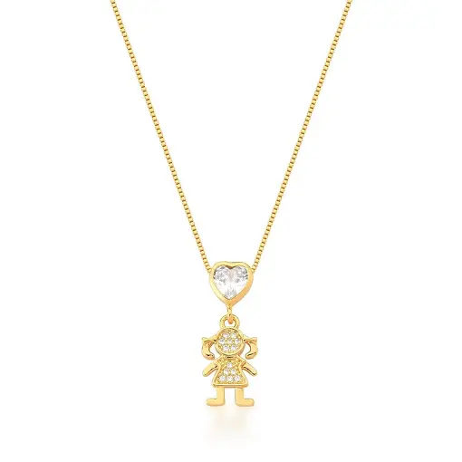 CORRENTE COM PINGENTE DE MENINA E CORAÇÃO BANHADA A OURO