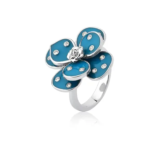 ANEL FLOR ESMALTADO AZUL COM PONTOS DE LUZ FOLHEADO A RÓDIO