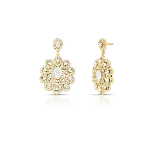 BRINCO DE FLOR COM CRISTAL E ZIRCÔNIA BANHADO A OURO