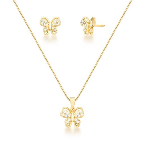 CONJUNTO COLAR E BRINCO DE BORBOLETA BANHADO A OURO