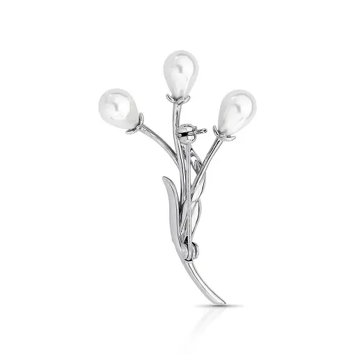 BROCHE DE FLOR COM ZIRCÔNIAS E PÉROLA SHELL BANHADO A RÓDIO