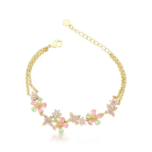 PULSEIRA COM FLORES  E BORBOLETAS BANHADA A OURO