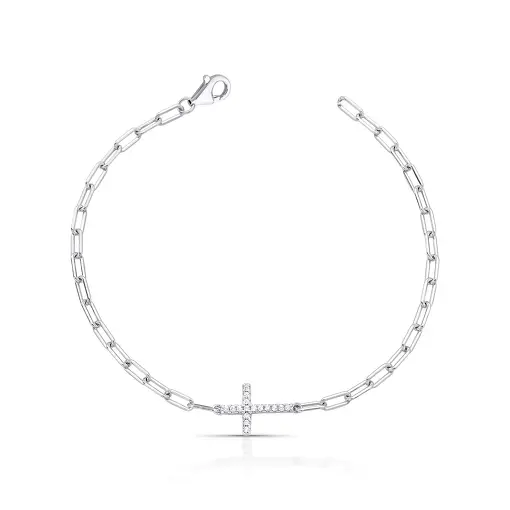 PULSEIRA COM CRUZ EM ZIRCÔNIAS E ELOS OVAIS PRATA RODINADA