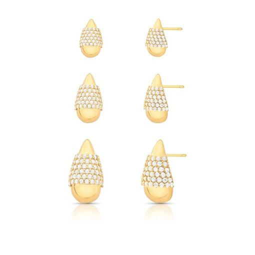 TRIO DE BRINCOS GOTA ABAULADO E COM ZIRCÔNIAS